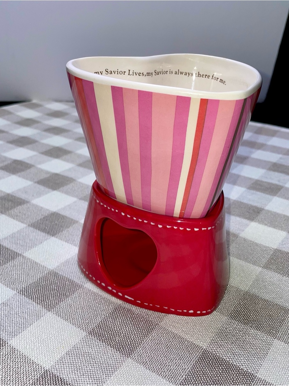 Striped Pink Heart Ceramic Wax Warmer / Planter / Fondue Pot - Pink